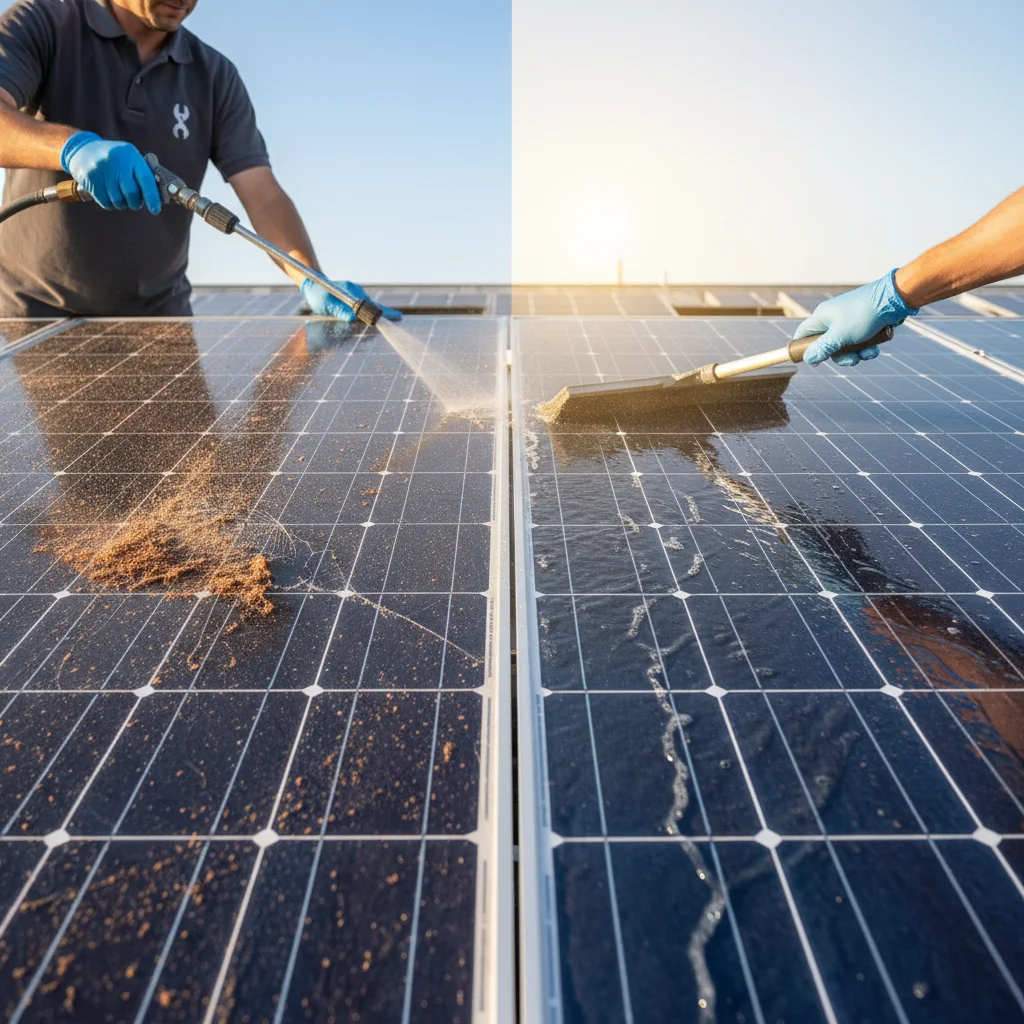 Side-by-side comparison of a dusty solar panel and a sparkling clean one.