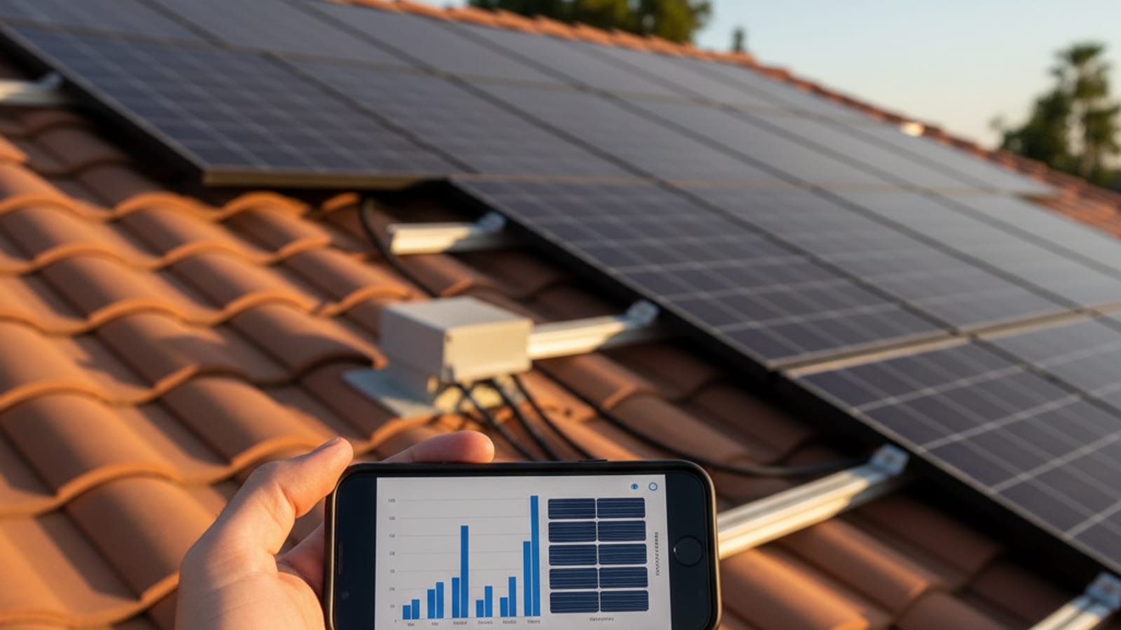 Smartphone showing the Enphase Enlighten production monitoring app with a solar panel array visible in the background