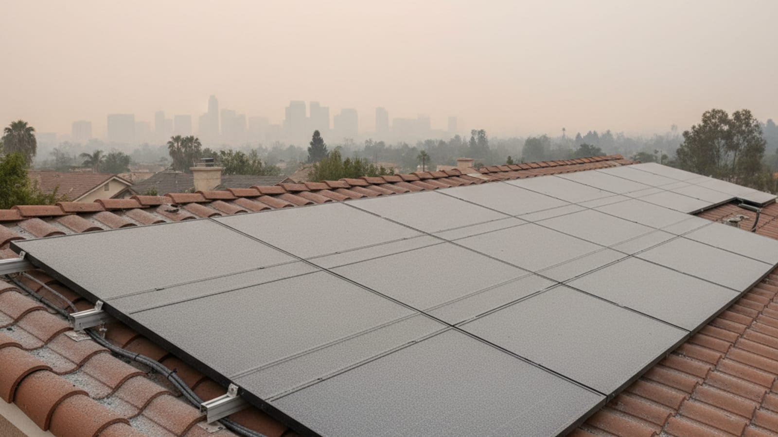 Solar array on a San Diego rooftop covered in a thin layer of fine wildfire ash with a hazy orange sky