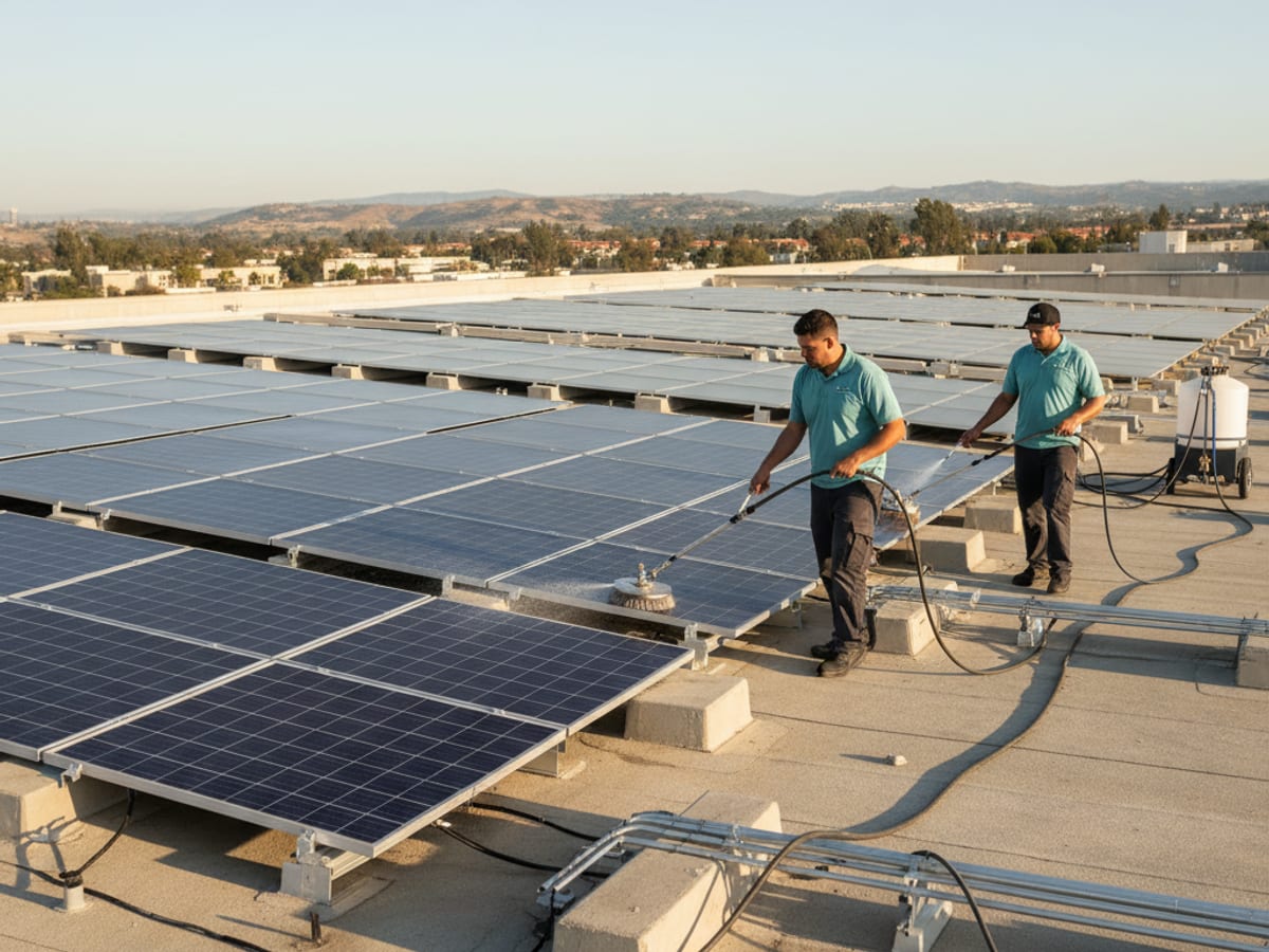 Crew cleaning a commercial rooftop solar array on a warehouse in San Diego County
