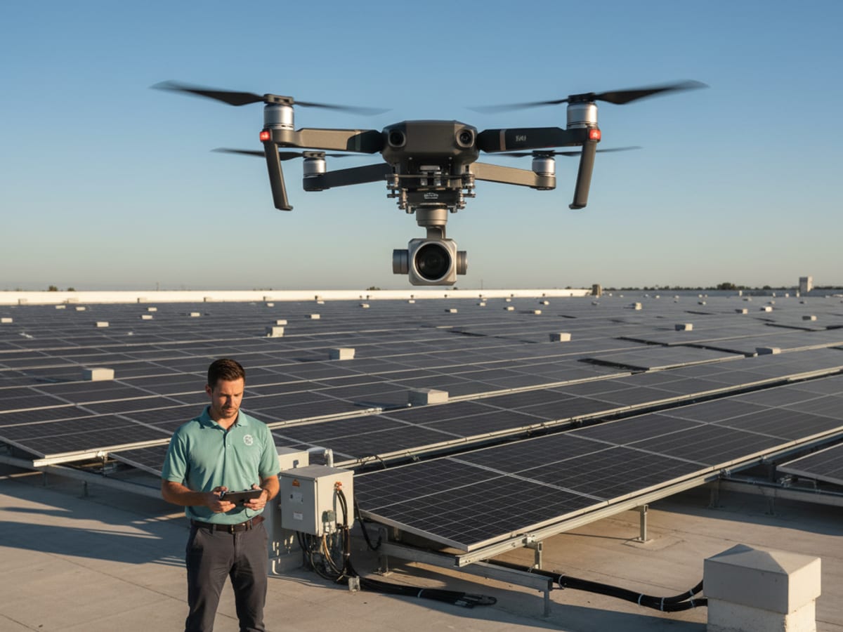 A drone flying over a rooftop solar panel array in San Diego, capturing thermal images of the panels.