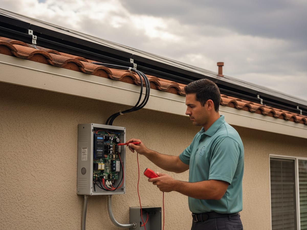 Emergency solar technician inspecting a damaged inverter after a storm event