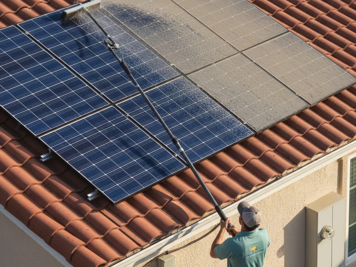 A technician softly washing residential rooftop solar panels on a San Diego County home with a clear blue sky behind.