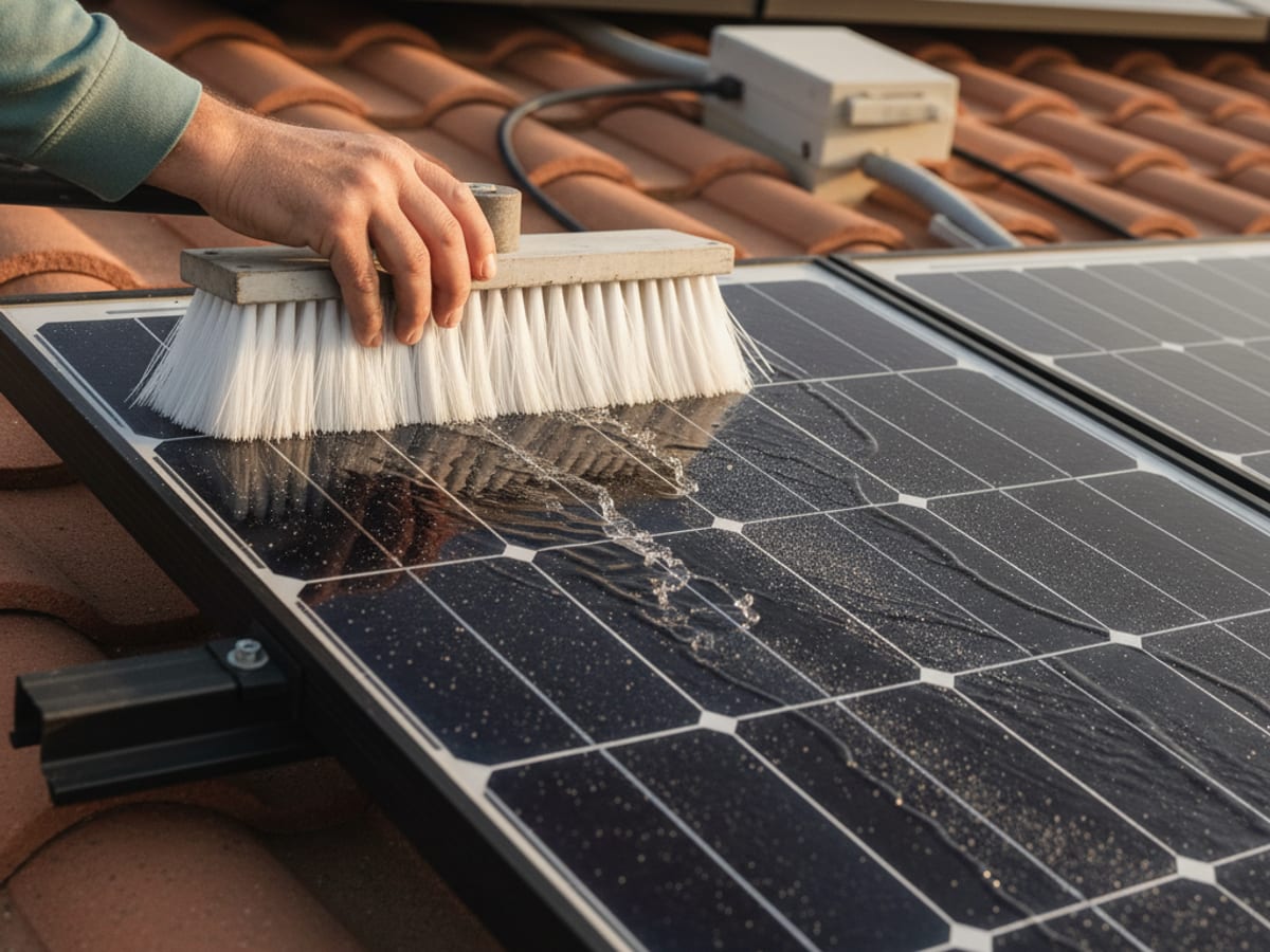A technician using a long water-fed pole brush to gently soft wash rooftop solar panels in San Diego.