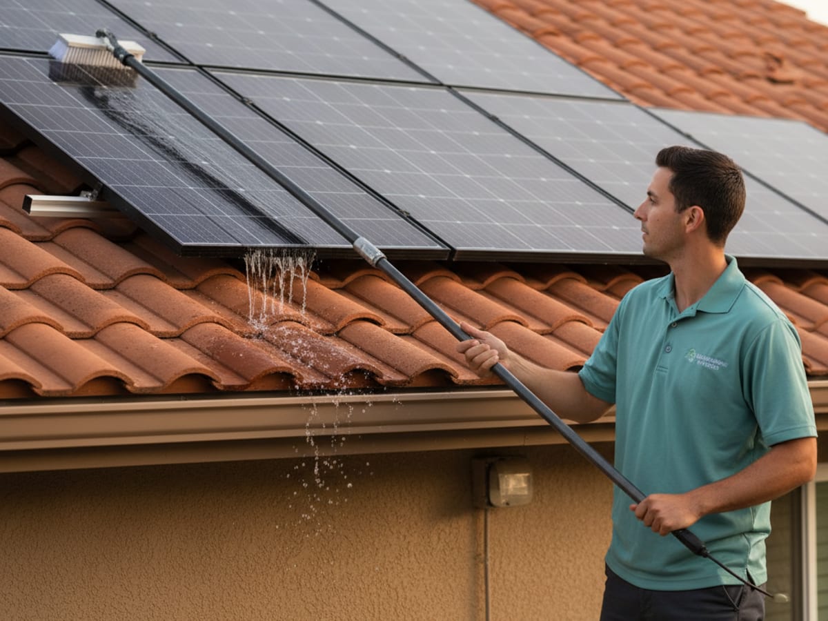 Technician soft-washing rooftop solar panels with a deionized water-fed pole in San Diego