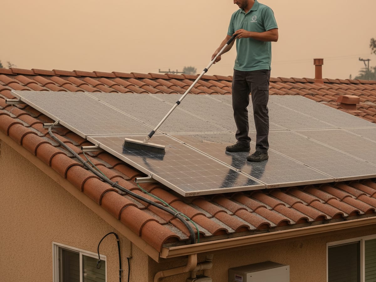 Solar panels coated in gray wildfire ash being carefully cleaned with a soft brush